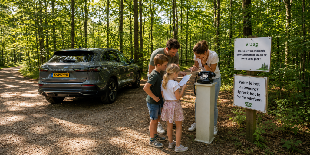 EventTelefoons maken een autospeurtocht interactief: deelnemers bellen, luisteren en spreken onderweg hun antwoorden in tijdens hun autorit.