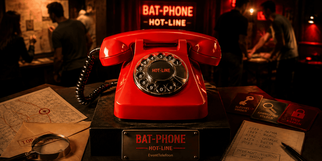 Rode Bat-Phone Hot-Line van EventTelefoon op een donkere thematafel met speurtochtkaarten, codes en opdrachten op de achtergrond.