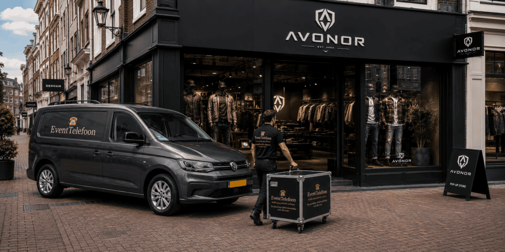 medewerker eventtel;foon komt aan bij de winkel op een eventtelefoon te installeren voor de Merkambassadeurs