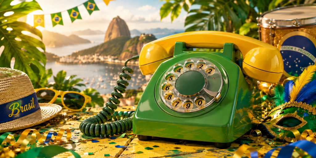 Groene EventTelefoon met gele hoorn, Braziliaanse vlaggen, carnavalsmasker en Rio de Janeiro op de achtergrond als tropische beleving voor een Around the World feest.