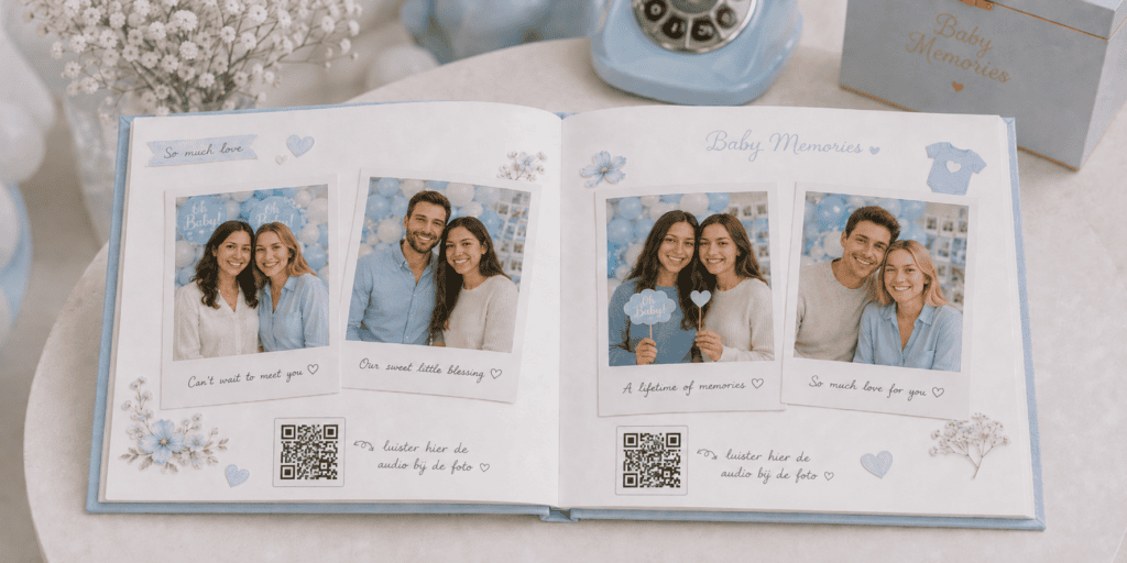 Babyshower fotoboek met polaroidfoto’s en QR-codes om persoonlijke audioberichten van de EventTelefoon terug te luisteren.