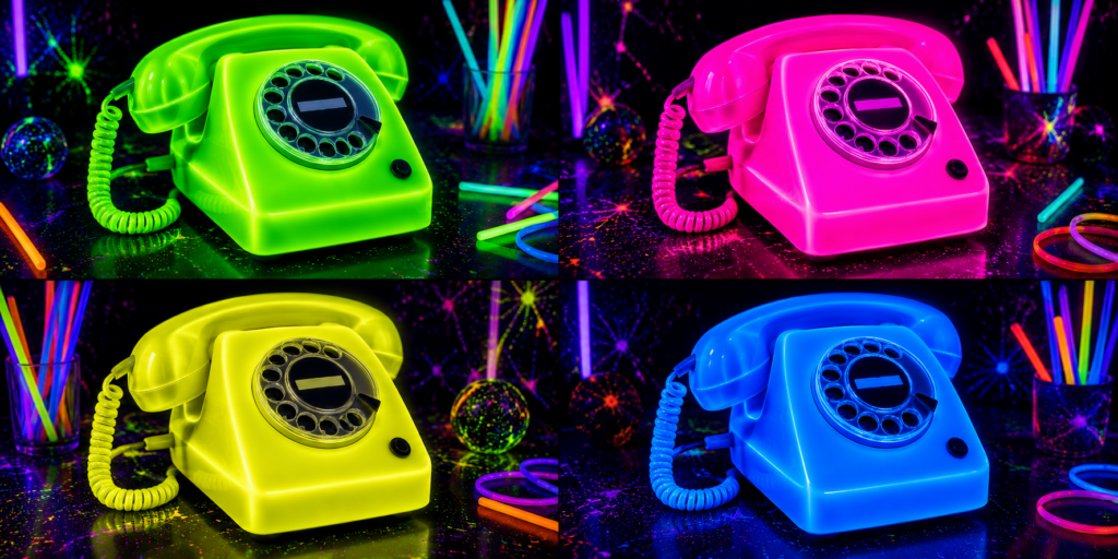 Vier neon gekleurde EventTelefoons in groen, roze, geel en blauw op een glow in the dark achtergrond met glowsticks en UV-verlichting.