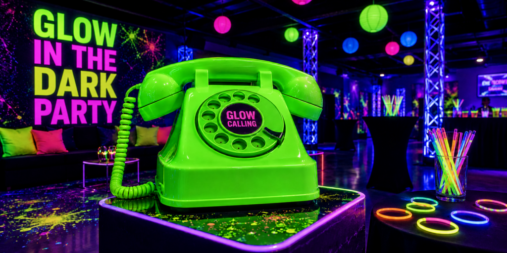 Neon groene glow in the dark EventTelefoon als opvallende eyecatcher op een neon party met UV-licht, glowsticks en feestelijke decoratie.