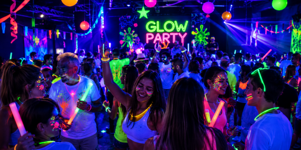 Sfeervolle glow in the dark party met neon verlichting, dansende gasten en de EventTelefoon als opvallende eyecatcher voor extra interactie op het event.