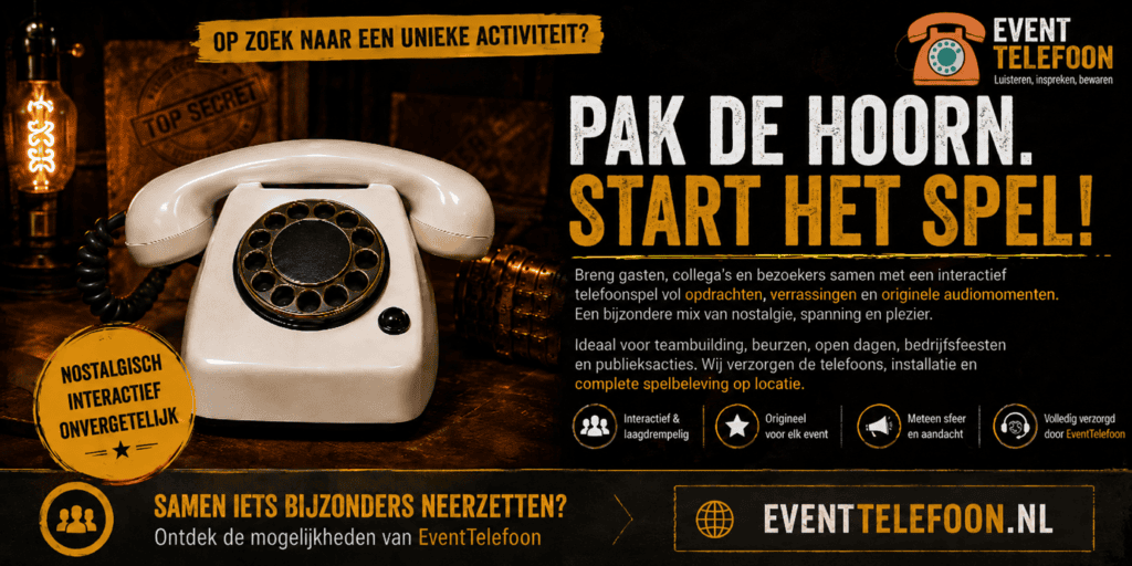 Promotieafbeelding van EventTelefoon met een crèmekleurige retro draaischijftelefoon en tekst over een interactief telefoonspel voor events, teambuilding en beurzen.