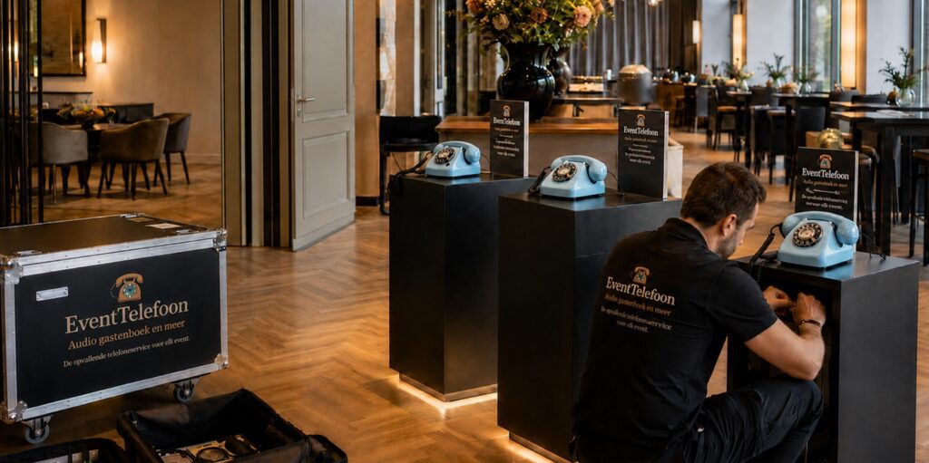 EventTelefoon medewerker installeert lichtblauwe retro telefoons op zwarte zuilen in een sfeervolle evenementenlocatie.