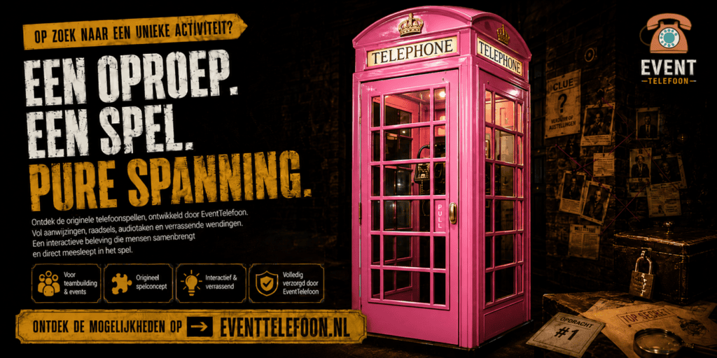 Roze Engelse telefooncel van EventTelefoon als interactief telefoonspel voor teambuilding, bedrijfsfeest, beurs en evenement met raadsels, opdrachten en escape game beleving.