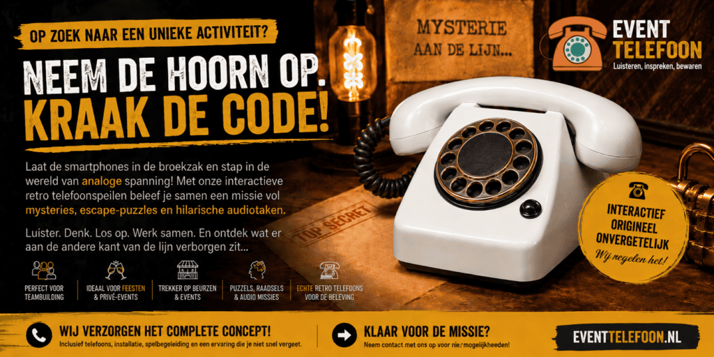 Promotieafbeelding van EventTelefoon met een crèmekleurige retro draaischijftelefoon en tekst over een interactief telefoonspel voor events, teambuilding en beurzen.
