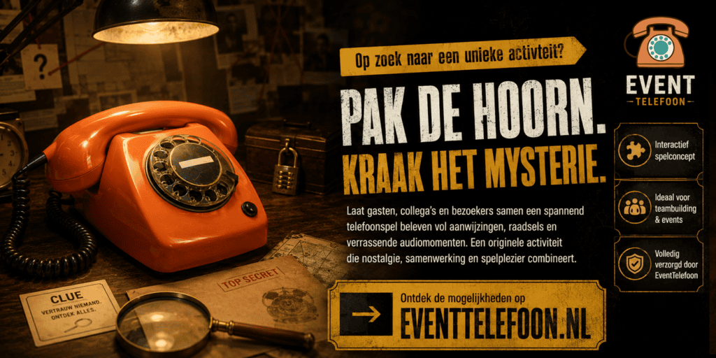 Promotieafbeelding van EventTelefoon met een oranje retro draaischijftelefoon en tekst over een interactief telefoonspel voor events, teambuilding en beurzen.