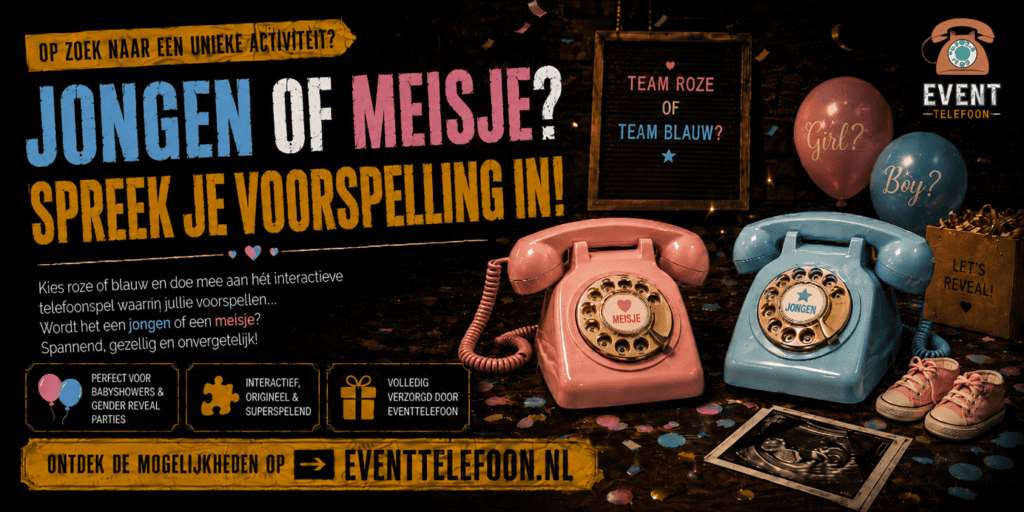 Roze Engelse telefooncel van EventTelefoon als interactief telefoonspel voor babyshower en gender reveal party