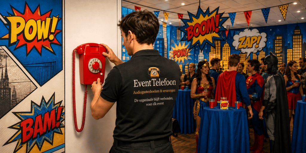 voor events, Medewerker van EventTelefoon hangt een rode retro interactieve telefoon op tijdens een superheldenthemafeest met comicdecor en verklede gasten op de achtergrond.