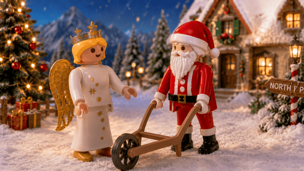 Playmobil kerstengel en kerstman met kruiwagen in een sfeervol winters kerstdorp met kerstboom, sneeuw en warme verlichting.