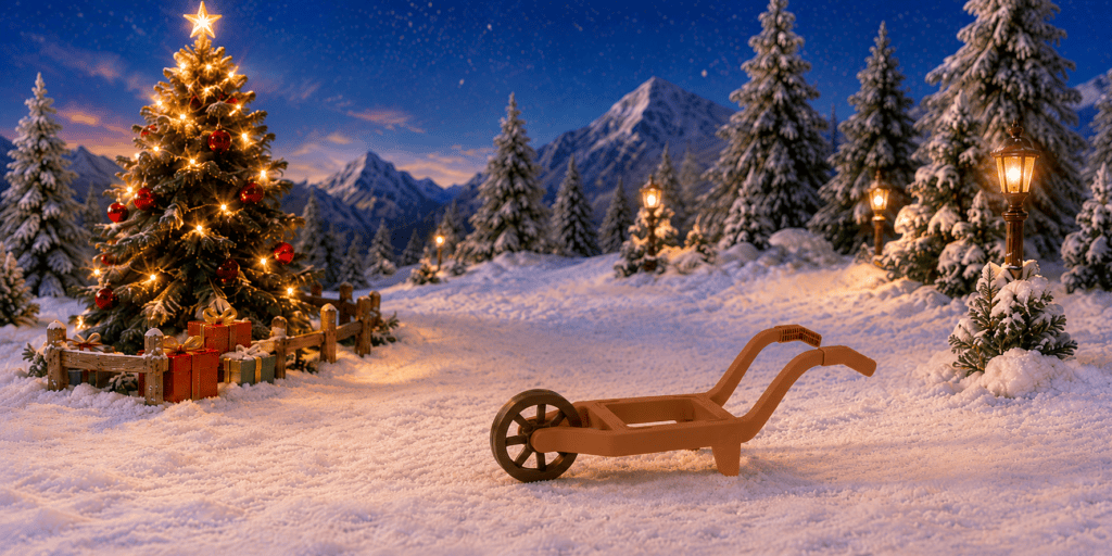 Playmobil Kruiwagen in een sfeervol winters kerstdorp met verlichte kerstboom, cadeaus, sneeuw, lantaarns en bergen op de achtergrond.