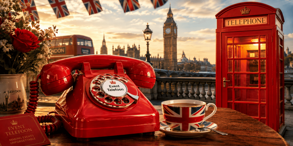 Rode EventTelefoon met Engelse telefooncel, Union Jack vlaggen en Londen op de achtergrond als thema voor een Around the World feest.