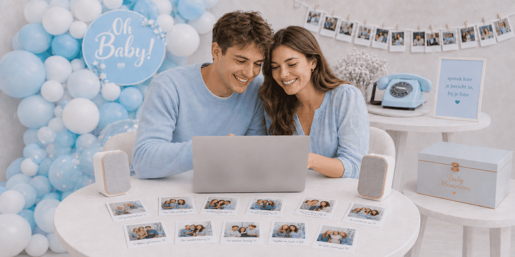 Jong stel luistert babyshower audio terug  via de laptop bij polaroidfoto’s, met lusb stick van eventtelefoon en Baby Memories box.