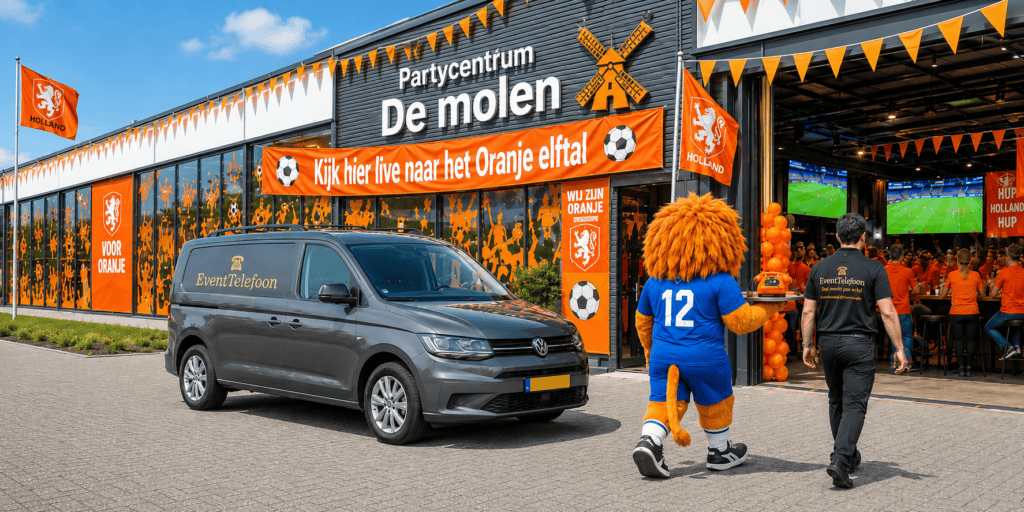EventTelefoon medewerker levert een flightcase af bij een oranje versierde garage voor een Nederlands voetbalfeest met bedrijfsbus voor de deur.