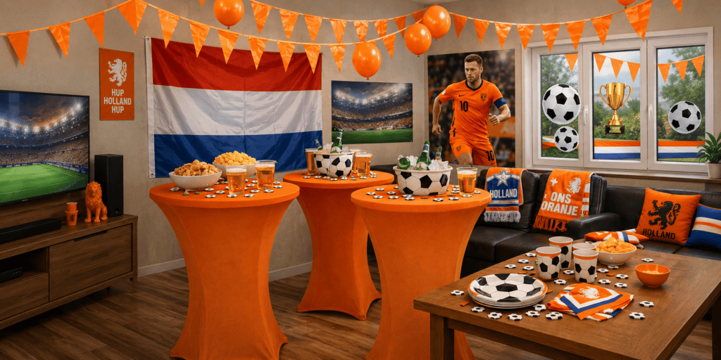 Oranje versierde huiskamer met voetbaldecoratie, eventtelefoon, statafels, snacks, drankjes en groot scherm voor een Nederlands voetbalfeest.