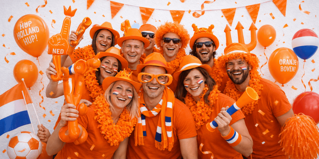 Groep vrolijke Oranje-supporters met feestprops, vlaggen, ballonnen en oranje accessoires tijdens een voetbalfeest.