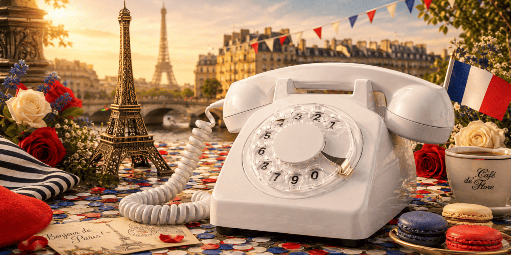 Witte EventTelefoon met Franse vlag, Eiffeltoren, macarons en Parijs op de achtergrond als stijlvolle Franse beleving voor een Around the World feest.