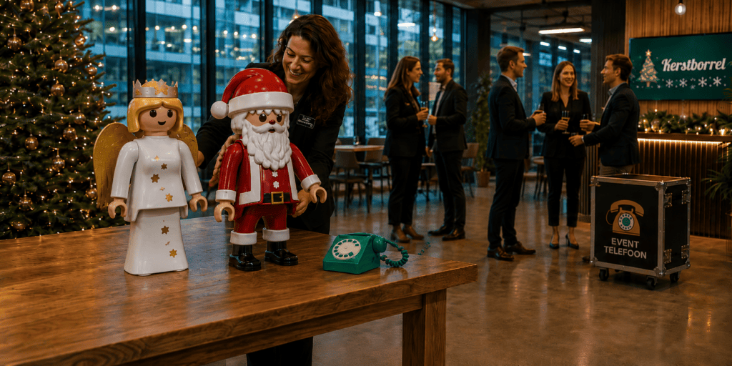 Playmobil kerstengel en kerstman met groene EventTelefoon op tafel tijdens een zakelijke kerstborrel met kerstboom, gasten en EventTelefoon  medewerker met flightcase.