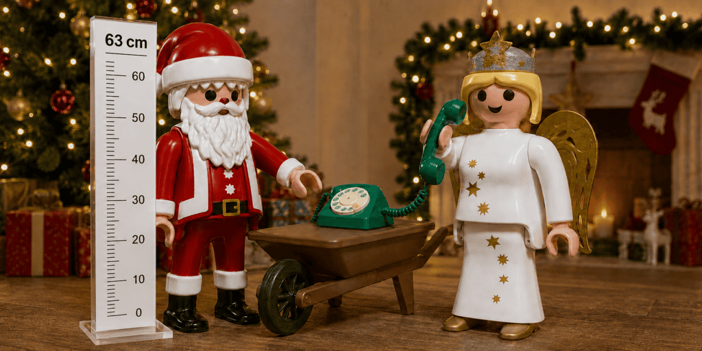 Playmobil kerstman en kerstengel van 63 cm met groene retro telefoon op een kruiwagen tijdens een sfeervolle zakelijke kerstborrel.