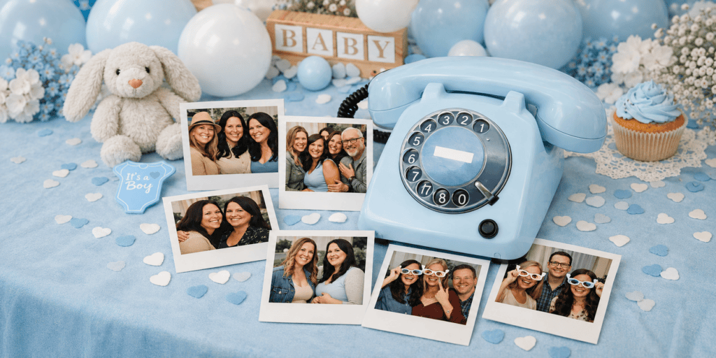 Babyshower tafel met lichtblauwe EventTelefoon, polaroidfoto’s, knuffelkonijn en blauwe decoratie voor een jongen.
