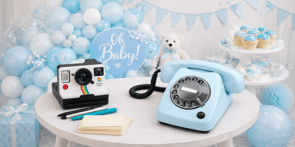 Babyshower opstelling met lichtblauwe EventTelefoon, polaroidcamera, kaartjes en babyblauwe feestdecoratie met Oh Baby bord.
