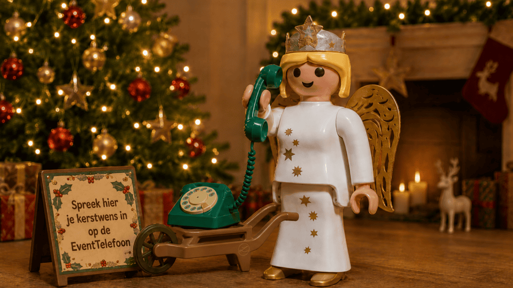 Playmobil kerstengel spreekt een kerstwens in op een groene EventTelefoon naast een kruiwagen, kerstboom en sfeervolle open haard.
