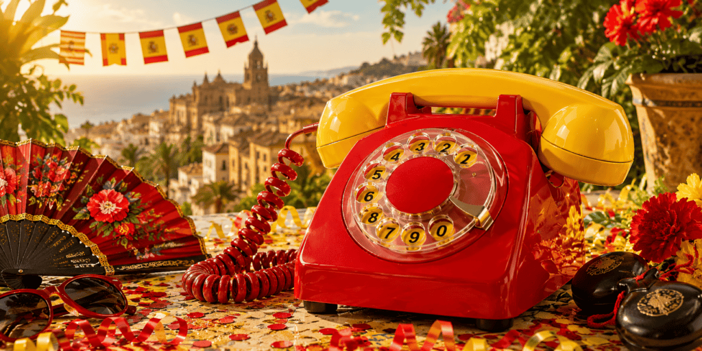 Rode en gele EventTelefoon met Spaanse vlaggen, waaier, bloemen en zonnige Spaanse achtergrond als kleurrijke beleving voor een Around the World feest.