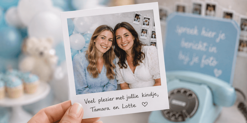 Polaroidfoto met babyshower wens voor Tamara en Lotte, met lichtblauwe EventTelefoon op de achtergrond.