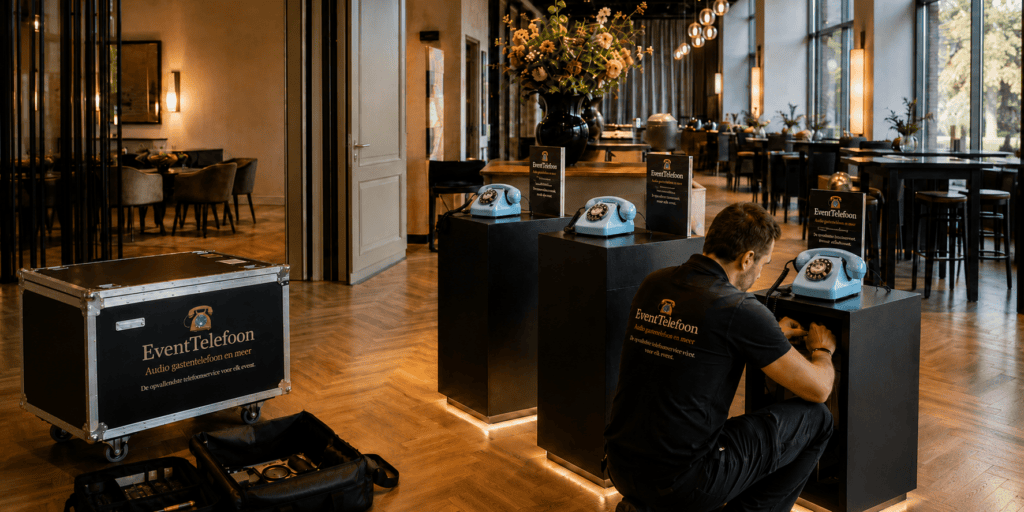 Medewerker van EventTelefoon installeert drie lichtblauwe retro telefoons op zwarte zuilen in een sfeervolle evenementenlocatie.