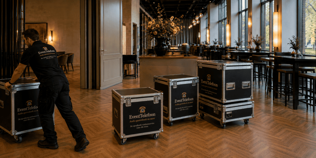 Medewerker van EventTelefoon plaatst meerdere zwarte flightcases met audio-gastenboeken in een sfeervolle evenementenlocatie.