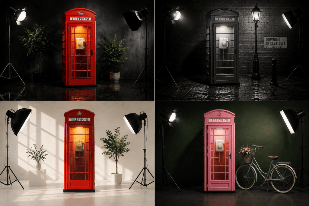 Collage van rode, zwarte en roze Britse telefooncellen in verschillende fotostudio-opstellingen met verlichting, planten, straatdecor en fiets.