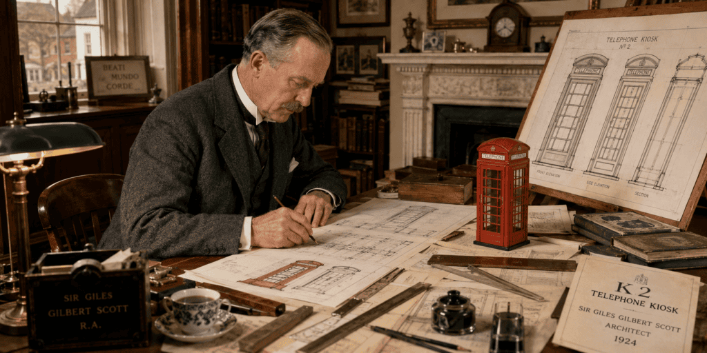 Sir Giles Gilbert Scott ontwerpt in zijn Engelse werkkamer de K2-telefooncel aan een tekentafel, omringd door bouwtekeningen, meetgereedschap en een rood schaalmodel.