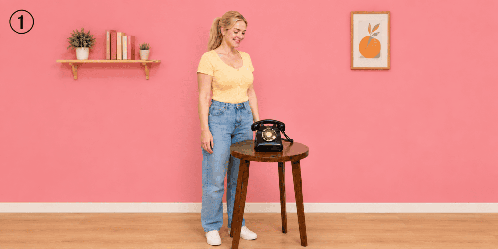 Vrouw staat naast een houten tafel met een zwarte retro telefoon, gebruikt als audiogastenboek, tegen een vrolijke roze achtergrond.
