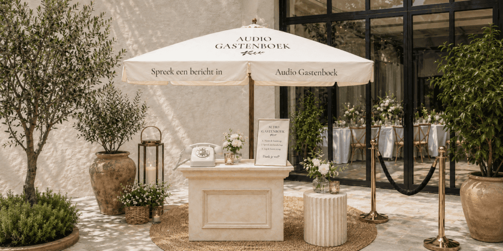 Elegant audiogastenboek onder een crèmekleurige parasol met retro telefoon, bloemen en instructiebord bij een stijlvolle trouwlocatie.