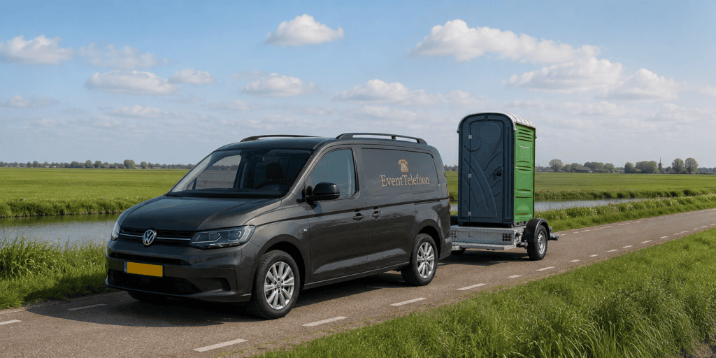 Donkergrijze EventTelefoon-bus met aanhanger en mobiele Dixi-cabine op een landelijke weg, klaar voor levering op locatie bij een feest of evenement.