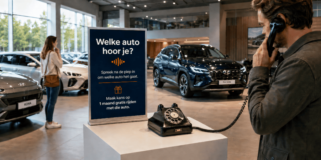 Man luistert via een zwarte EventTelefoon in een autoshowroom en probeert te raden welke auto hij hoort voor kans op één maand gratis rijden.