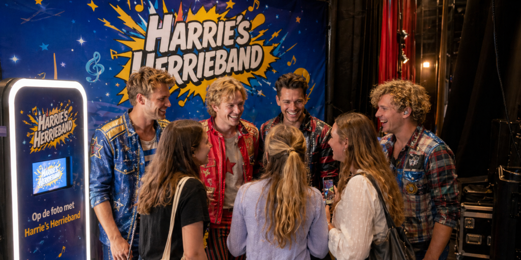 Leden van Harrie’s Herrieband ontmoeten en spreken lachend met fans tijdens een meet & greet bij een fotobooth.