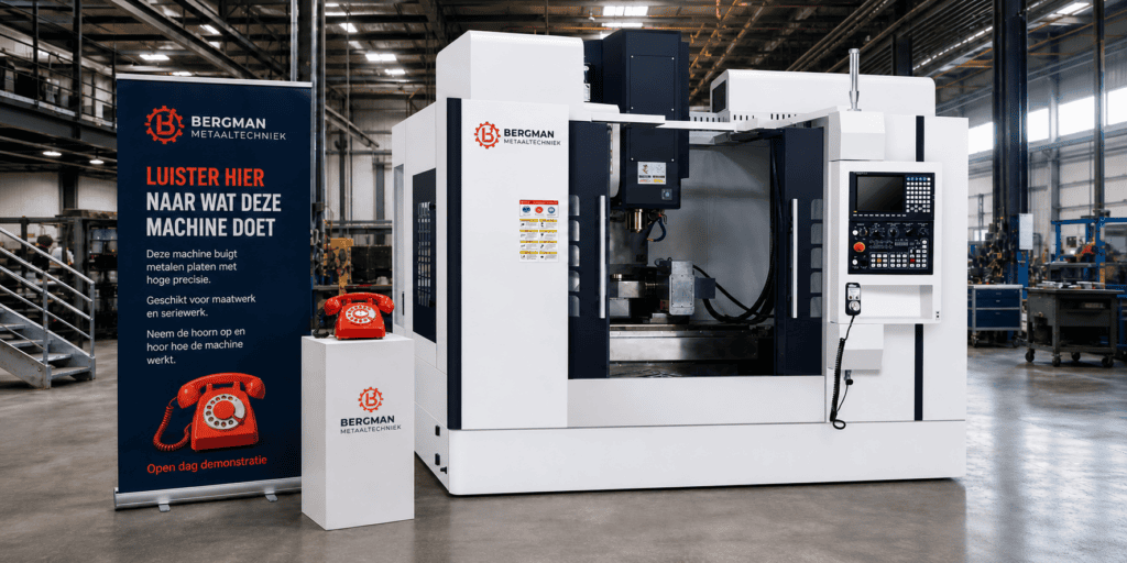 Witte metaalbewerkingsmachine van Bergman Metaaltechniek tijdens een open dag, met daarnaast een rode EventTelefoon waarmee bezoekers uitleg over de machine kunnen beluisteren.