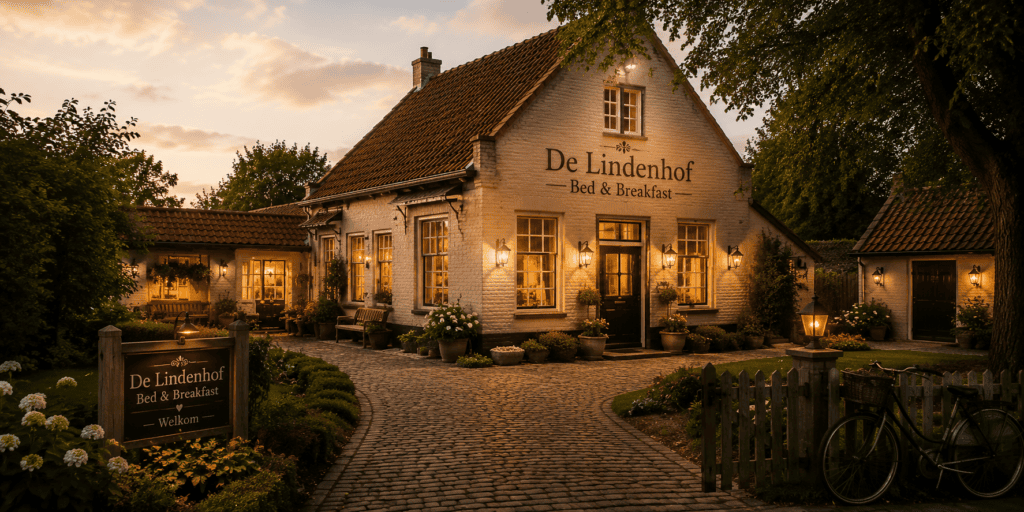Sfeervolle buitenzijde van Bed & Breakfast De Lindenhof bij schemering, met verlichte gevel, landelijke tuin, klinkerpad en welkomstbord voor de ingang.