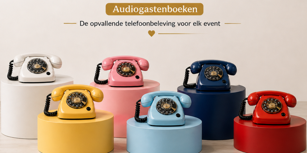 kleurrijke retro draaitelefoons van EventTelefoon, geschikt als audiogastenboek voor verschillende evenementen.