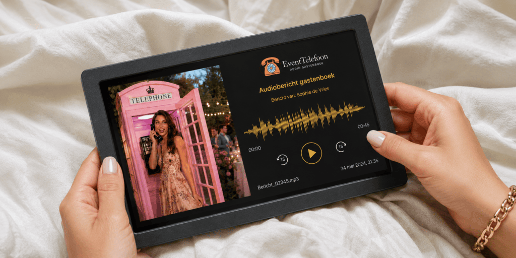 Digitale fotolijst met een foto en audiobericht van een gast, opgenomen via het roze audiogastenboek van EventTelefoon.