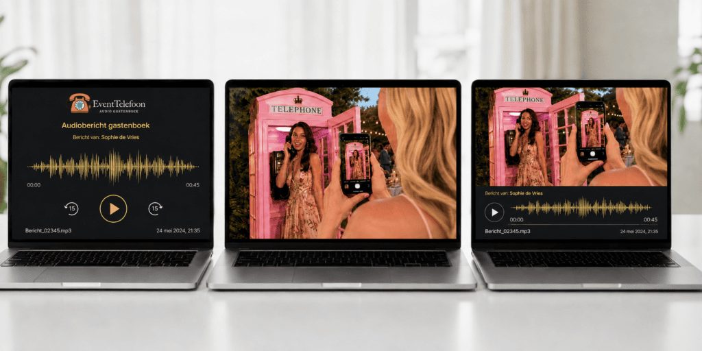 Drie laptops tonen een audiobericht, video-opname en gecombineerde herinnering van een gast bij de roze telefooncel van EventTelefoon.