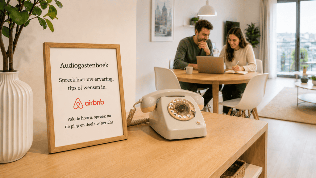 Crèmekleurige retro EventTelefoon met audiogastenboek in een moderne Airbnb, terwijl de eigenaren op de achtergrond ingesproken berichten beluisteren en notities maken.