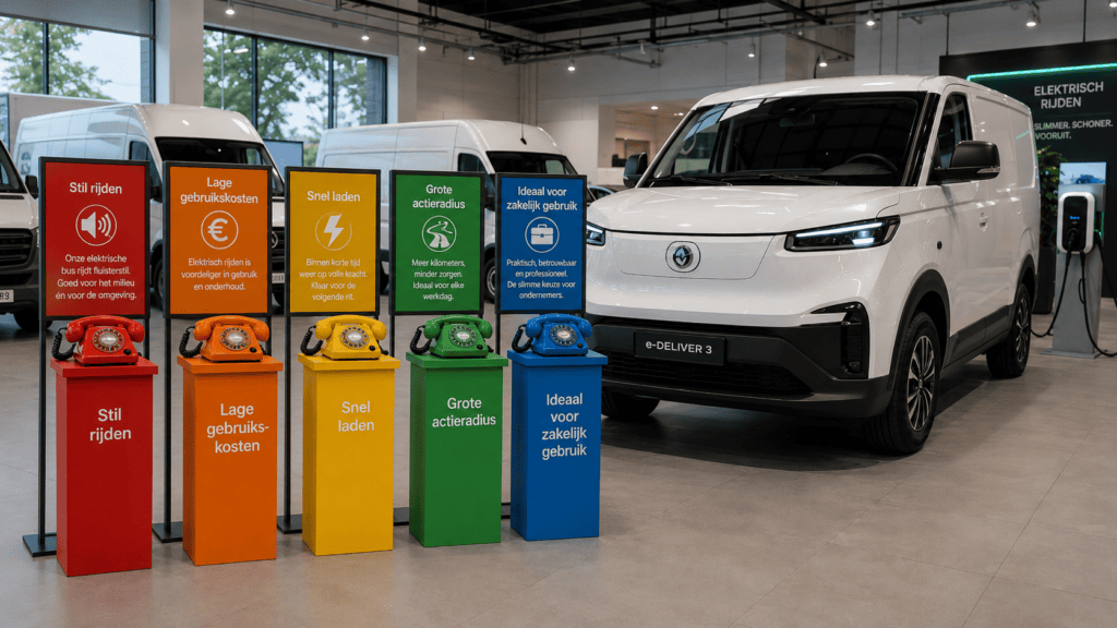 Elektrische e-Deliver 3 bestelwagen in een autoshowroom met vijf gekleurde EventTelefoons op zuilen die de voordelen van elektrisch rijden uitleggen.