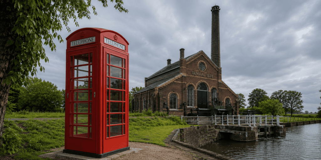 Rode Britse telefooncel prominent in beeld bij historisch gemaal uit 1878, met hoge schoorsteen, brug, water en een bewolkte lucht.
