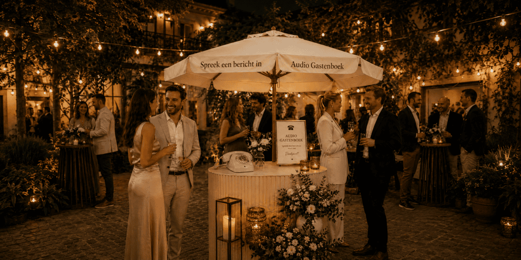 Sfeervol avondfeest op een binnenplaats met gasten rond een audiogastenboek onder een parasol, verlicht door warme sfeerlampen, kaarsen en bloemendecoratie.