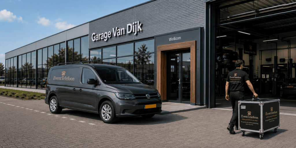Medewerker van EventTelefoon arriveert met een transportkoffer bij Garage Van Dijk, naast de bedrijfswagen van EventTelefoon.
