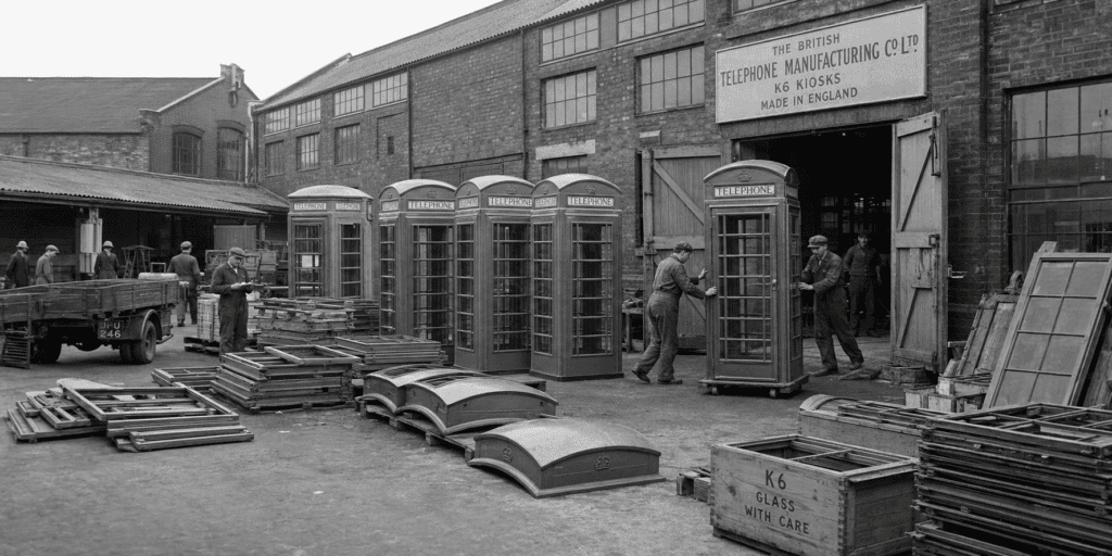 Historisch zwart-witbeeld van een Britse fabriek waar arbeiders K6-telefooncellen en losse onderdelen gereedmaken voor transport.